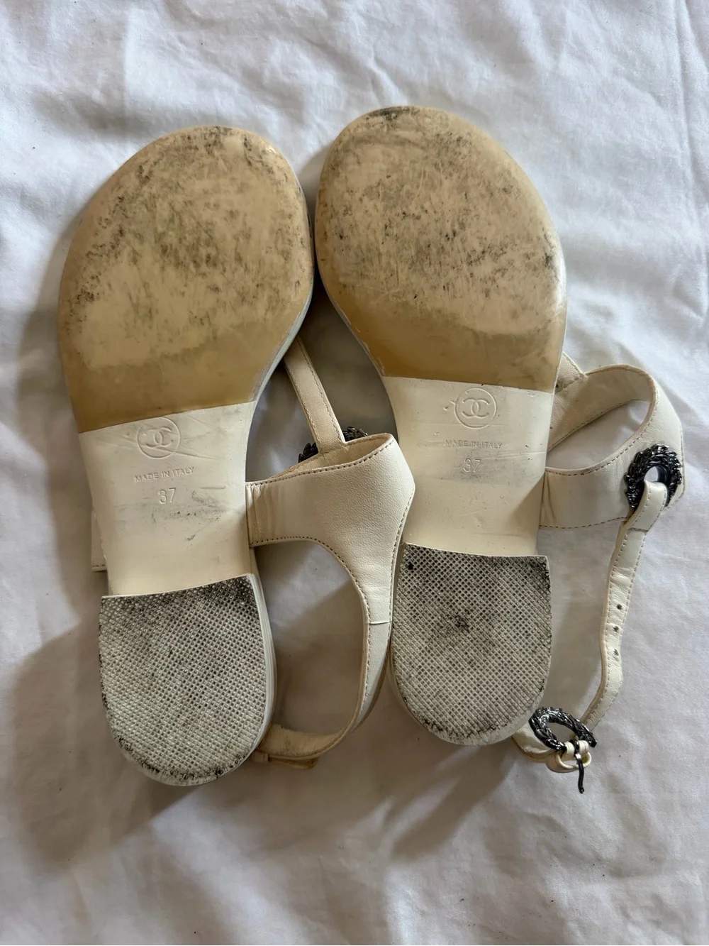 Chanel interlocking CC logo T sandals w/ 1” heel